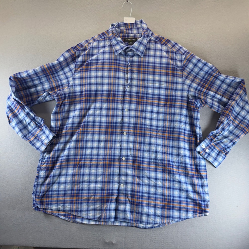 Claiborne Stretch Mens 2XLT Blue Orange Plaid Long Sleeve Button Down Shirt